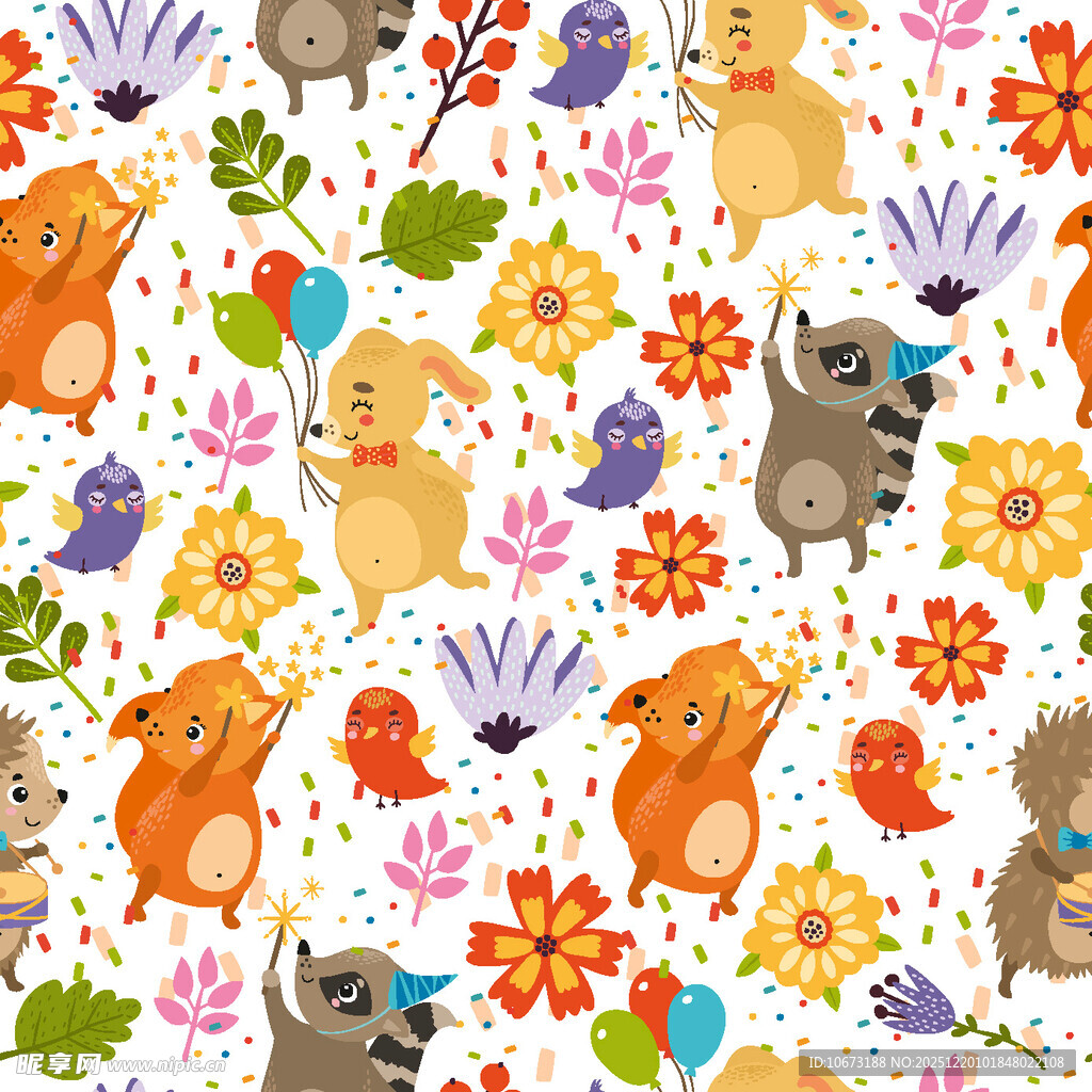 可爱动物与花卉图案背景