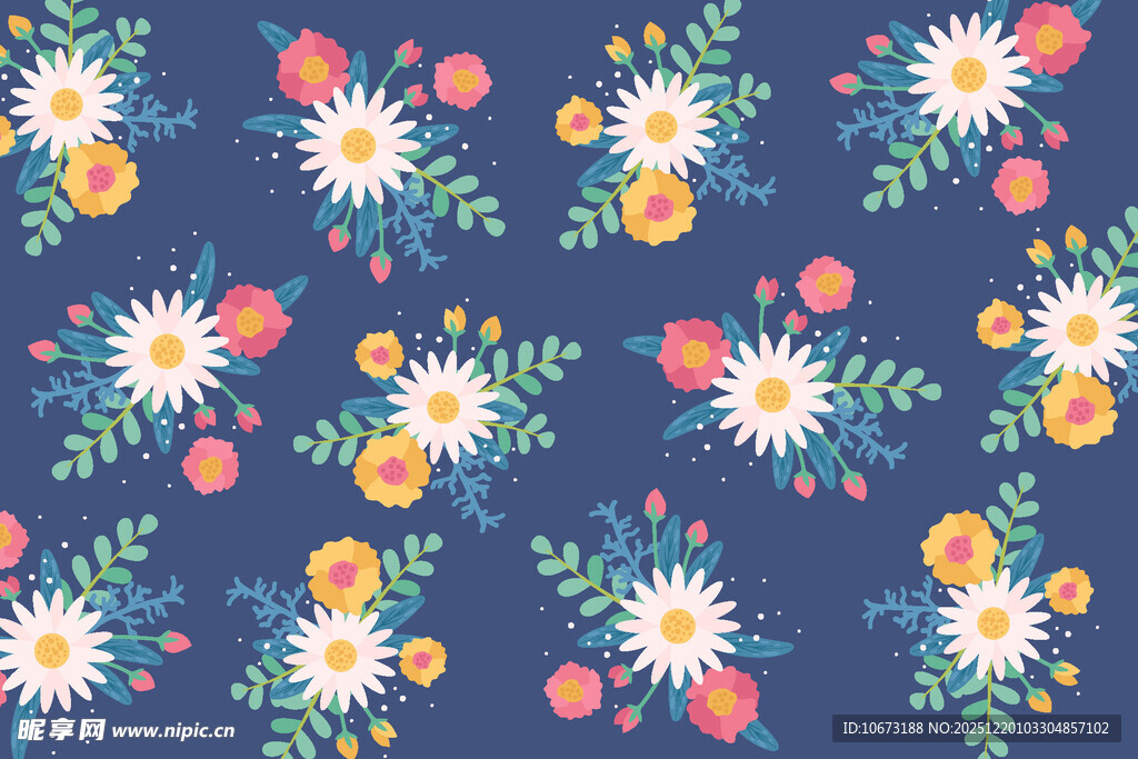 深蓝色底多彩花卉图案