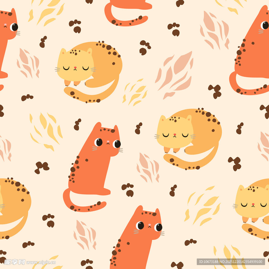 可爱猫咪与叶子图案背景