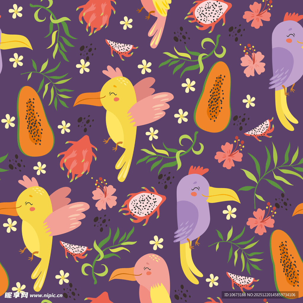 多彩花鸟无缝图案设计