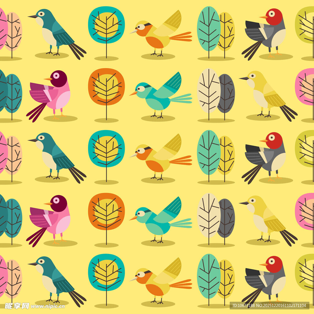 多彩小鸟与树木图案背景