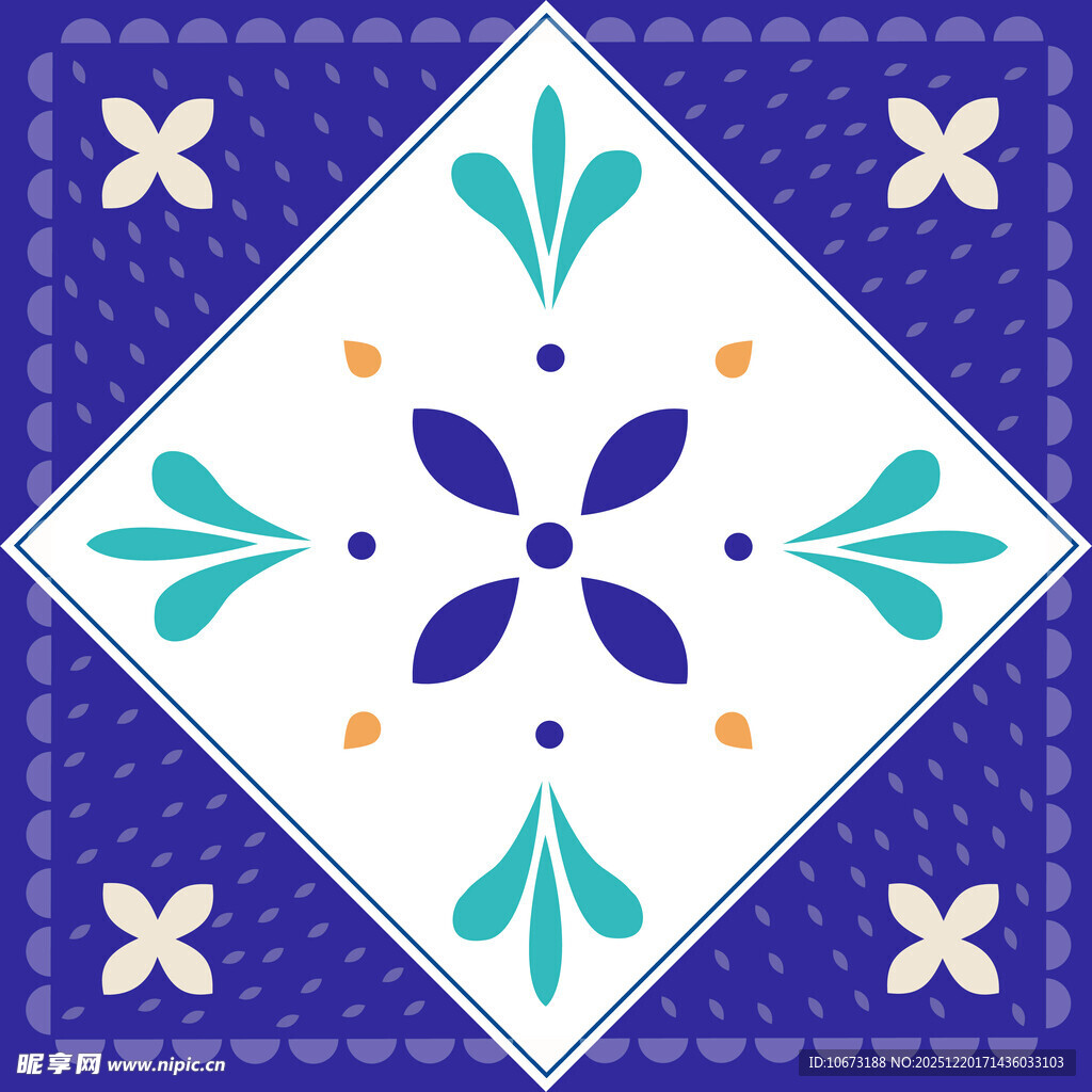 蓝白花卉几何图案瓷砖