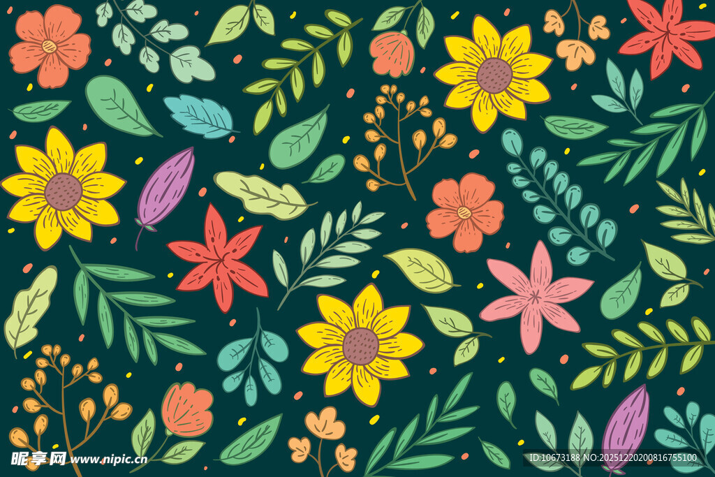 多彩花卉绿叶图案设计