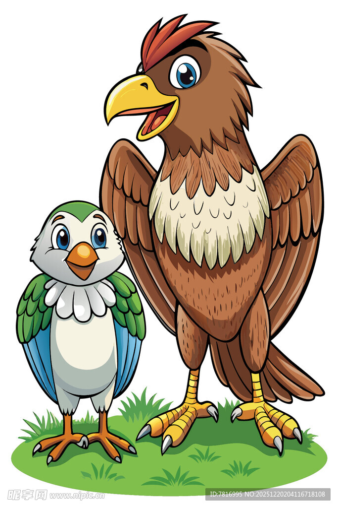 老鹰与小鸟站在草地上