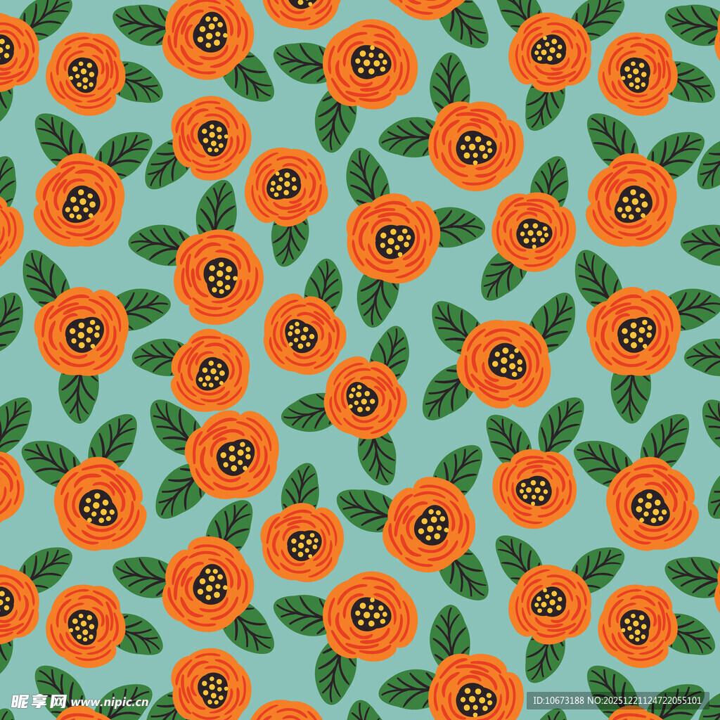 蓝底橙色花朵图案背景