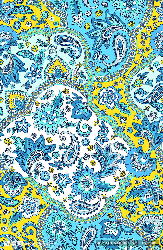 蓝黄佩斯利花纹图案
