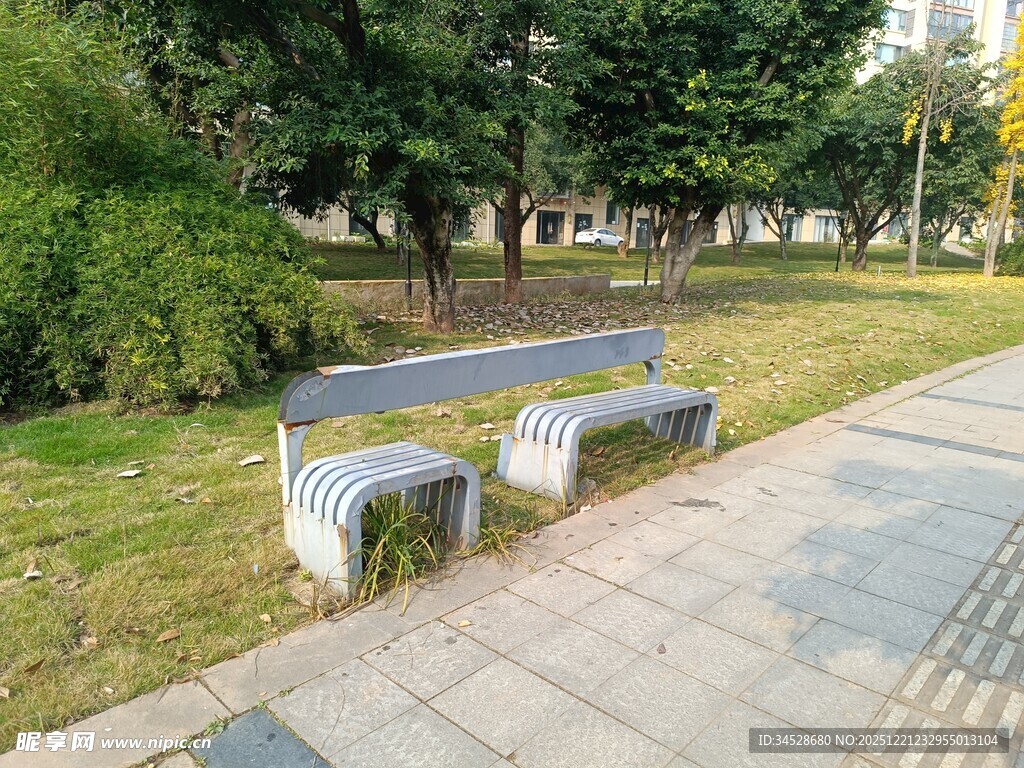 公园小径旁的两张休闲长椅