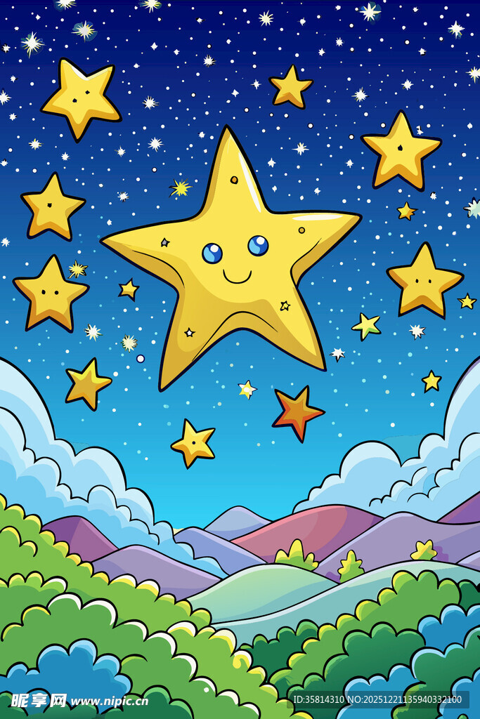 夜空下的微笑星星与山峦