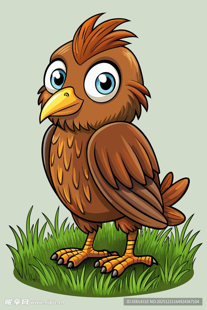 可爱棕色小鸟站在草地上