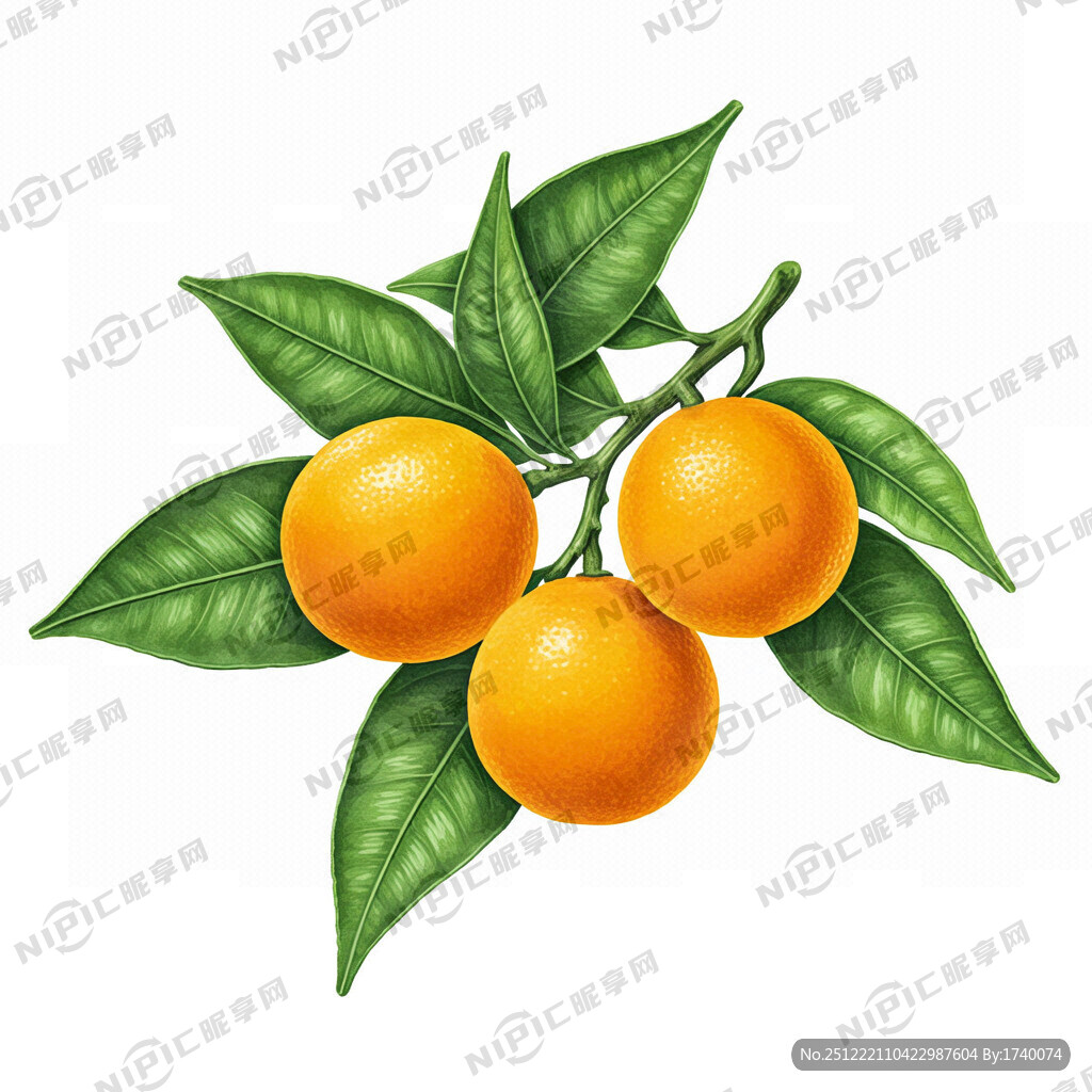 三个金柑桔 带叶子 带树枝