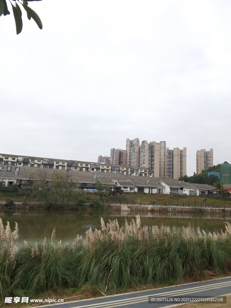 城郊河畔的现代建筑群