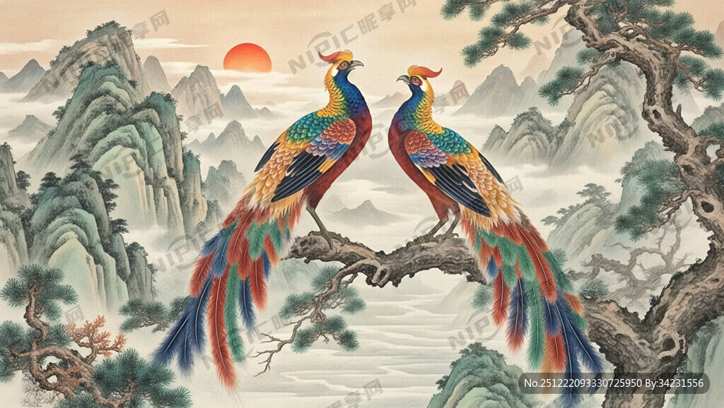 两只凤凰 站立在树枝上面朝太阳