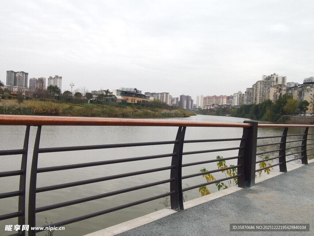 河畔护栏旁的城市风景