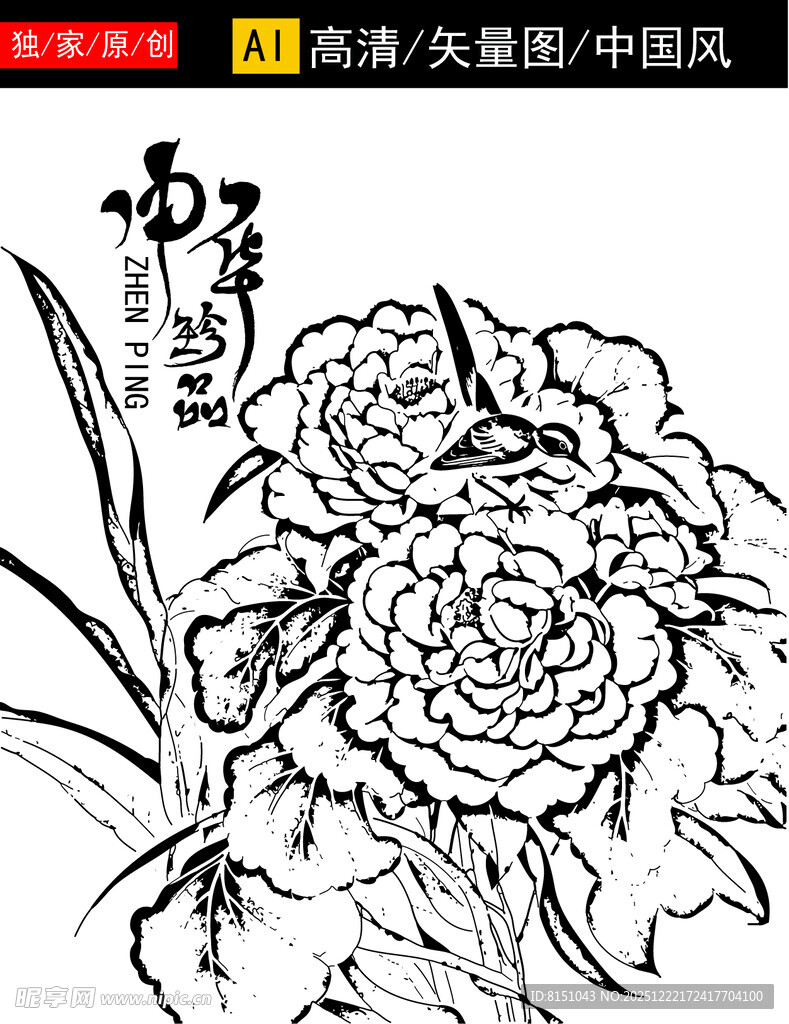 中式牡丹花卉线描图案