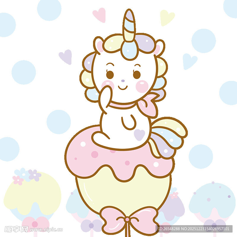 可爱独角兽坐在甜品上