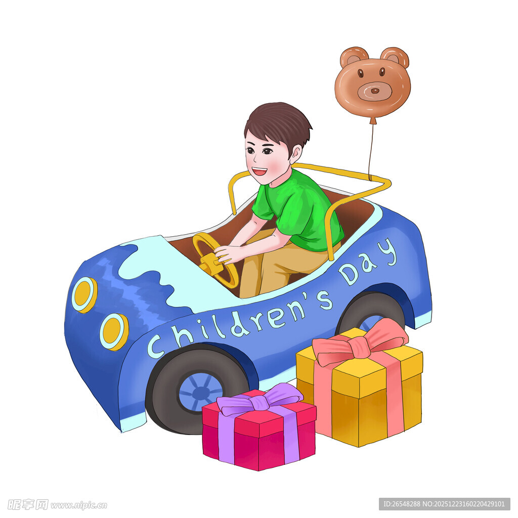男孩驾卡通车与礼物相伴