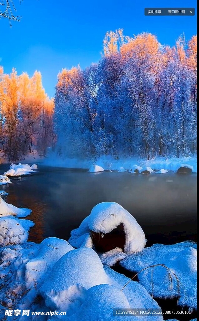 冬日雪景中的静谧河岸
