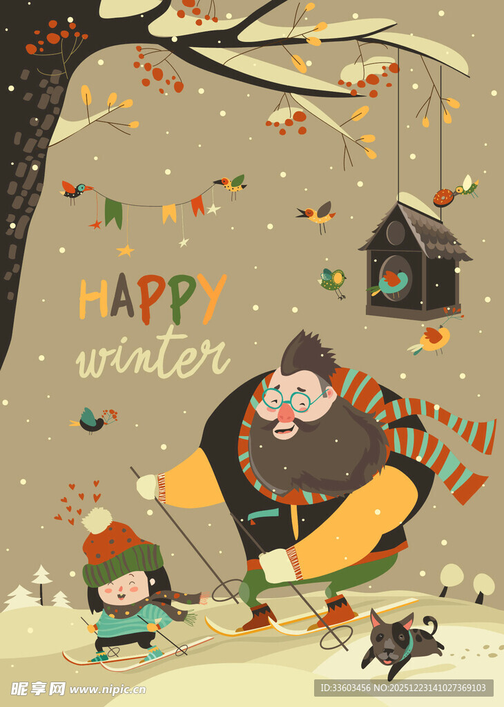 冬日温馨家庭雪地欢乐场景