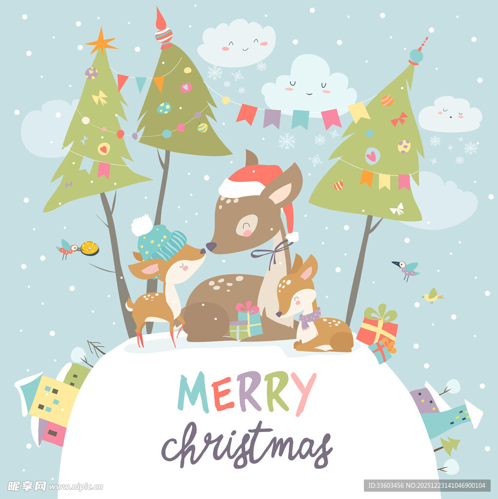 圣诞欢乐动物与雪景插画