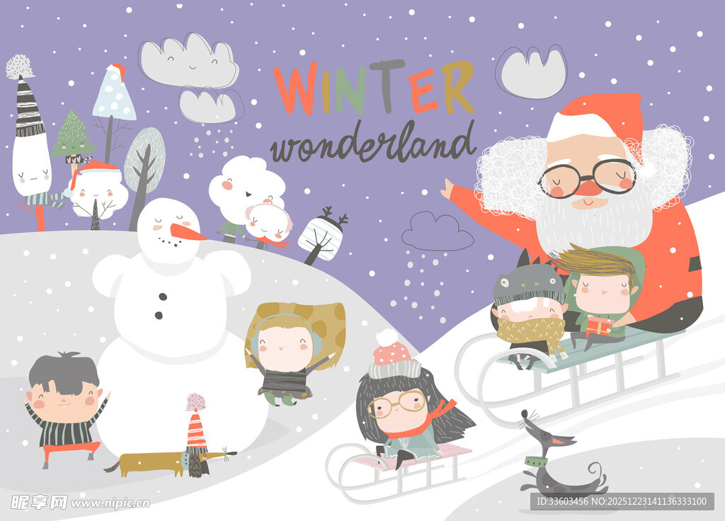 冬日圣诞欢乐儿童玩耍场景