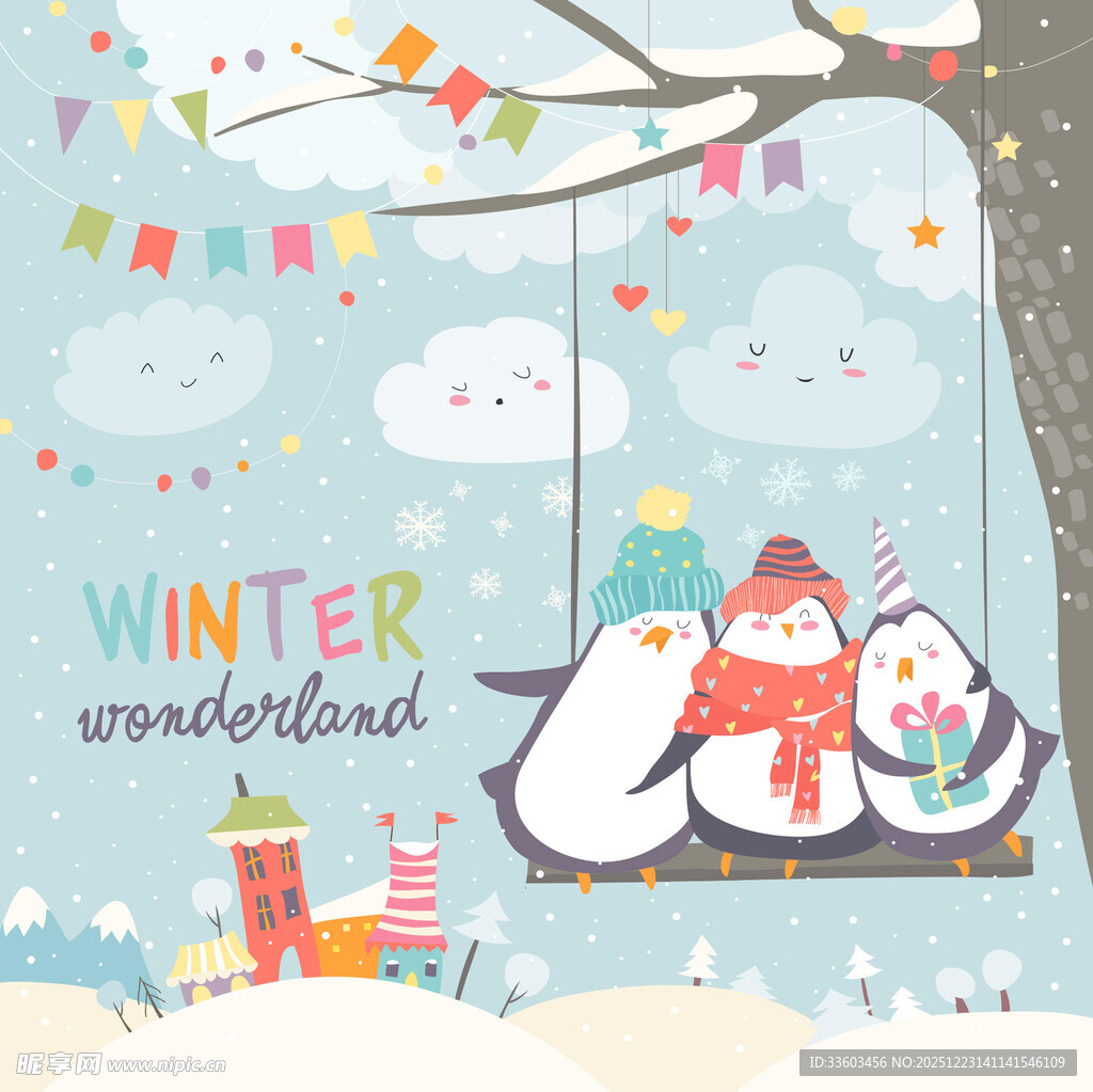 冬日树下的可爱企鹅们