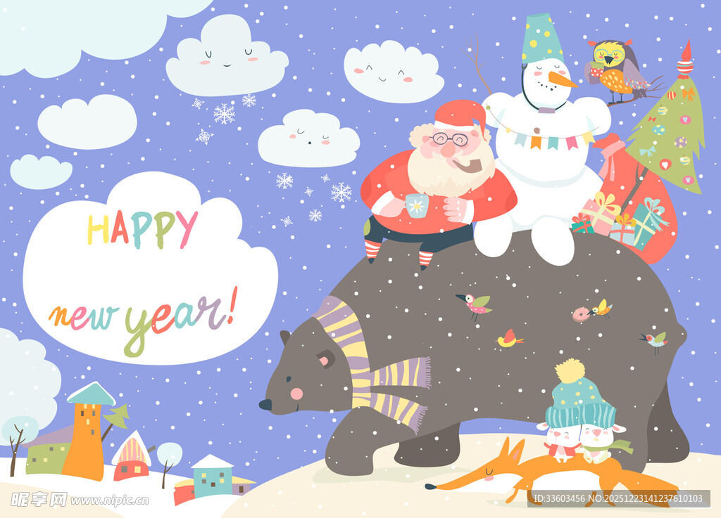 圣诞欢乐场景中的动物与雪人