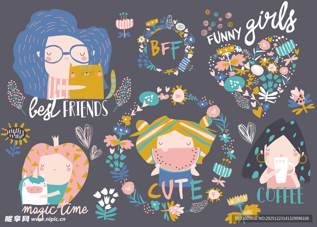 可爱女孩插画元素集合