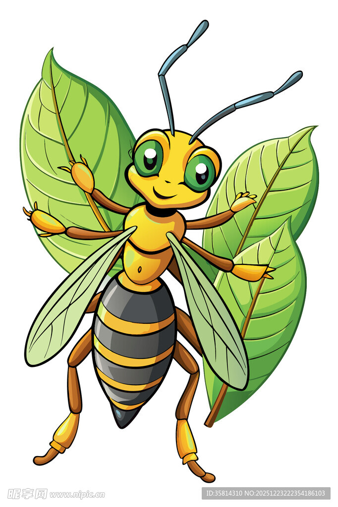 可爱蜜蜂与绿叶插画