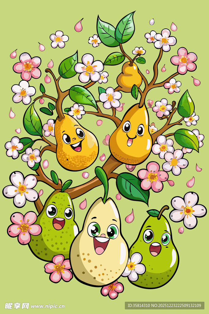 可爱卡通梨树与果实