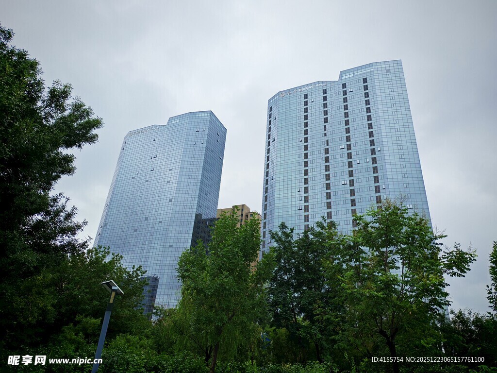 高楼矗立在葱郁绿树间
