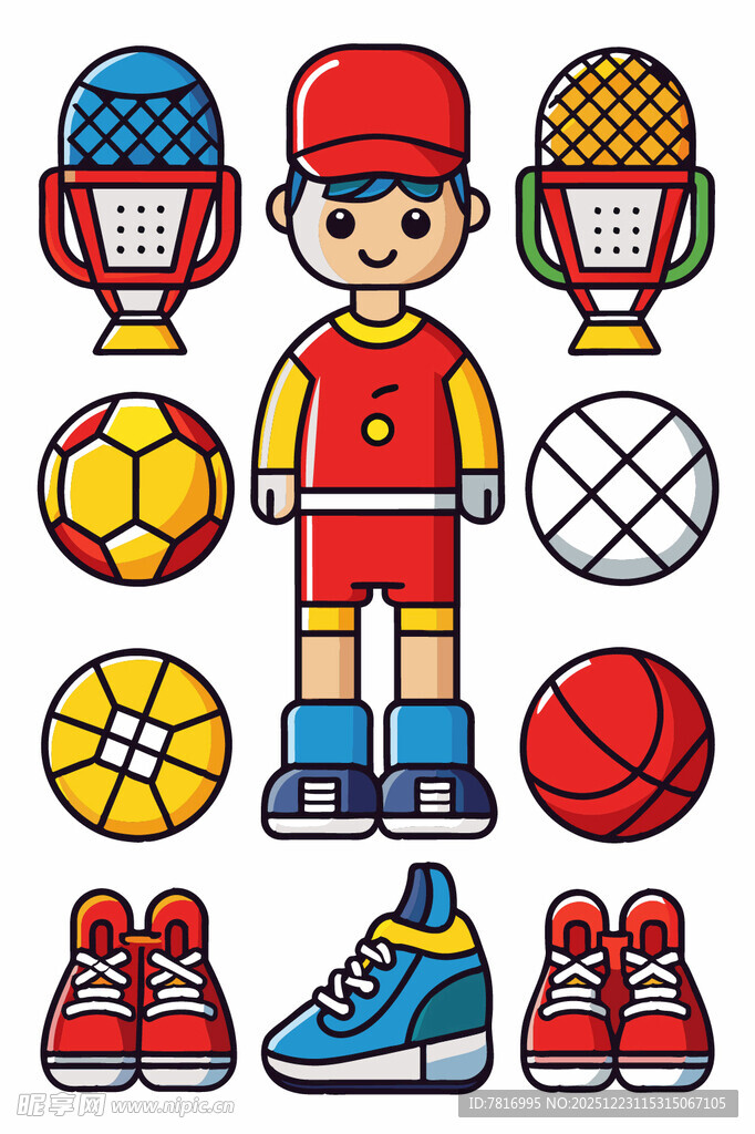 运动男孩与各类体育用品