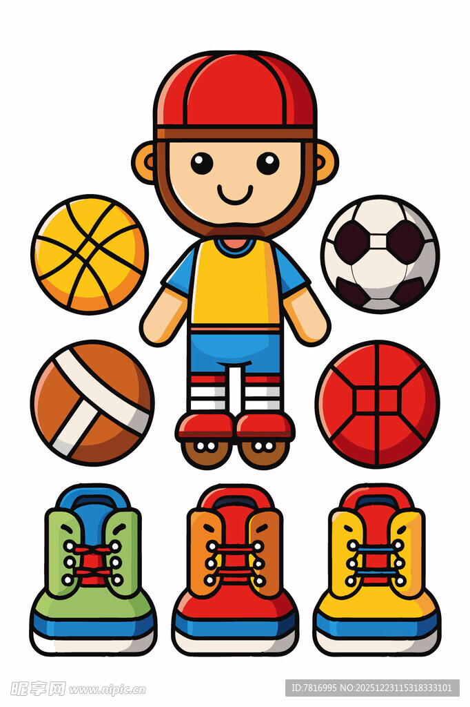 运动男孩与多样球类及鞋