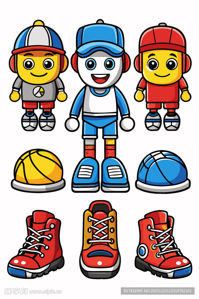 卡通人物与多彩运动鞋