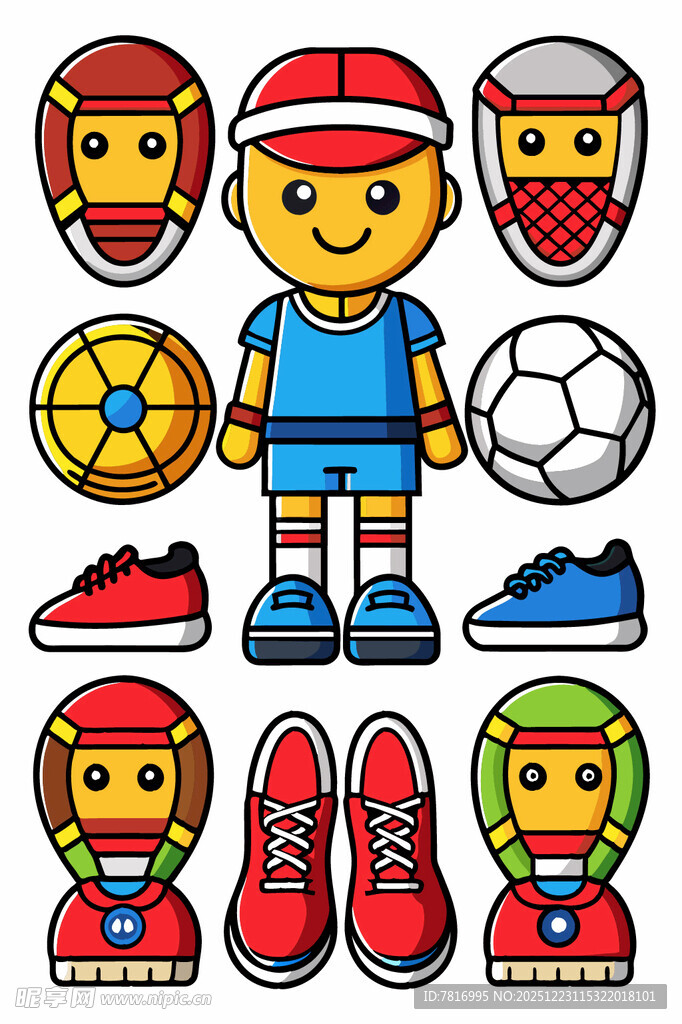 卡通足球运动员及装备