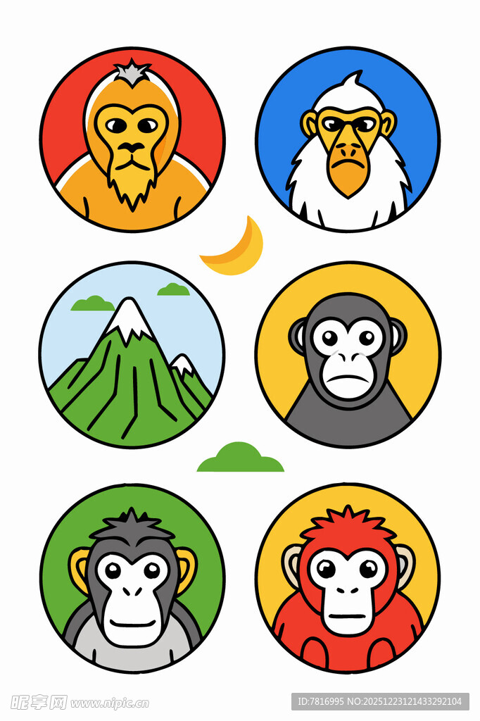 多彩猴子与自然元素图标