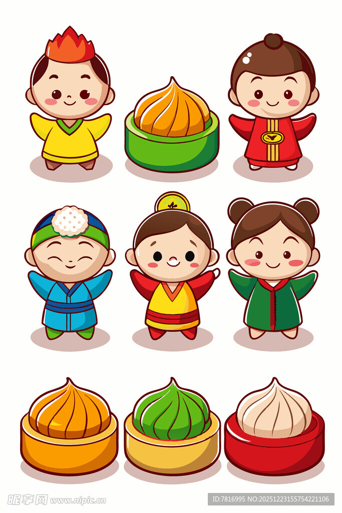 卡通孩童与中式点心组合