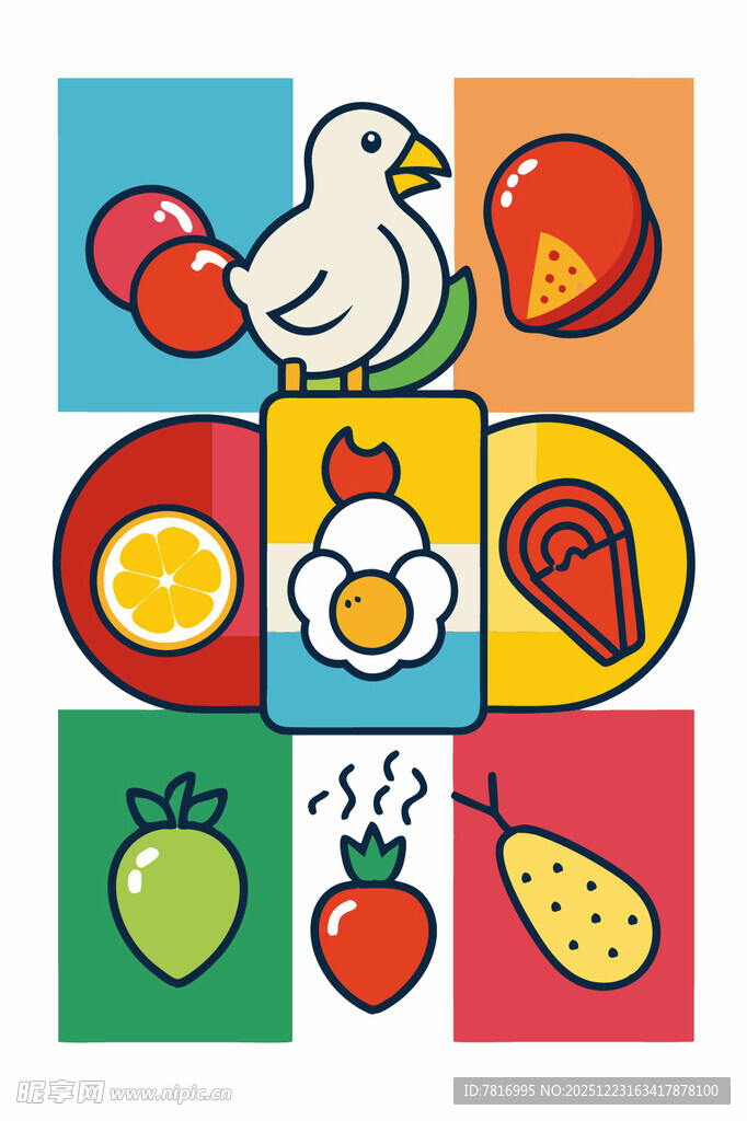 多彩食物与母鸡插画形象