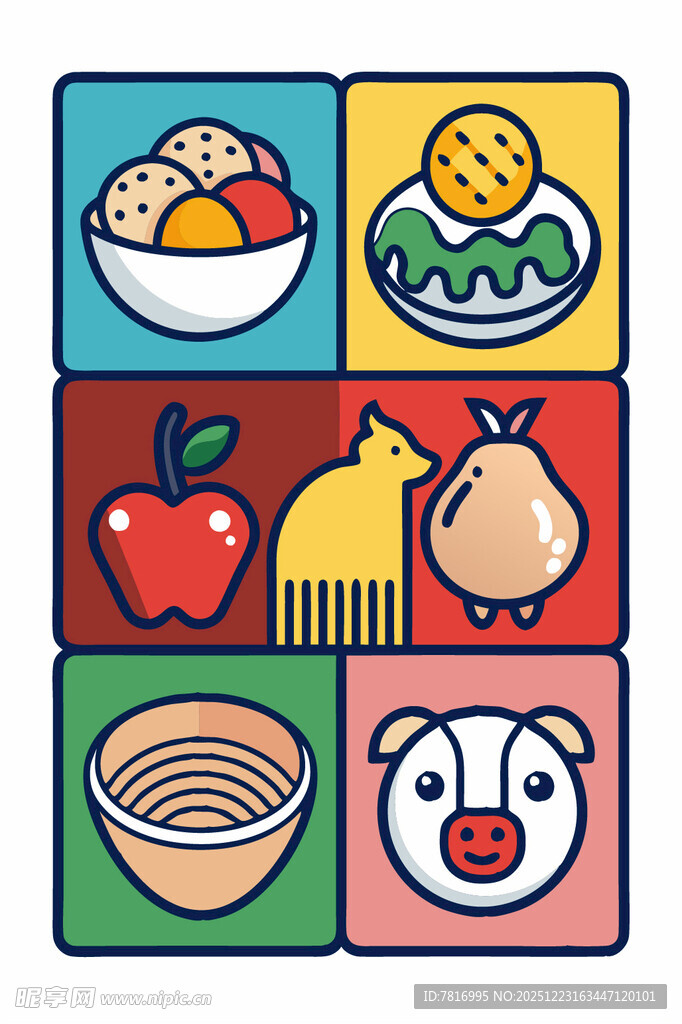 多彩美食与动物图标集合
