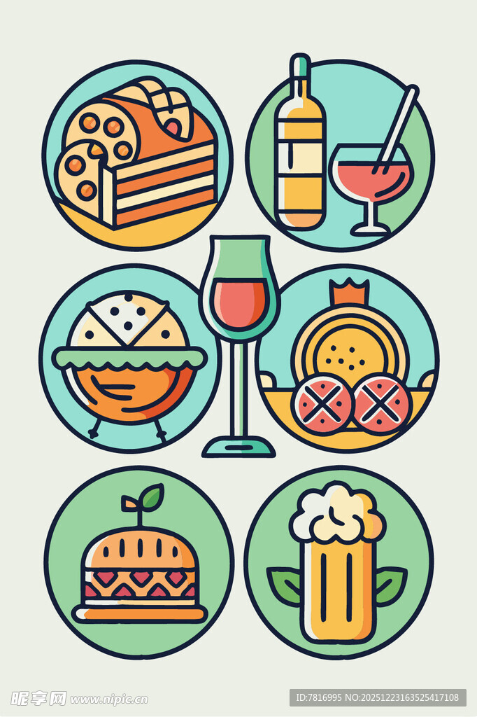 多彩美食与饮品图标集
