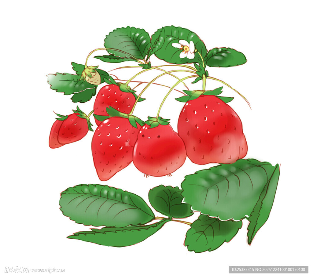 手绘新鲜草莓与绿叶