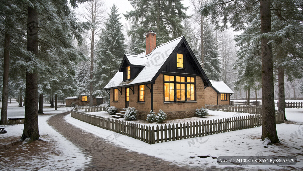 下雪的林间小屋 尖顶 篱笆院