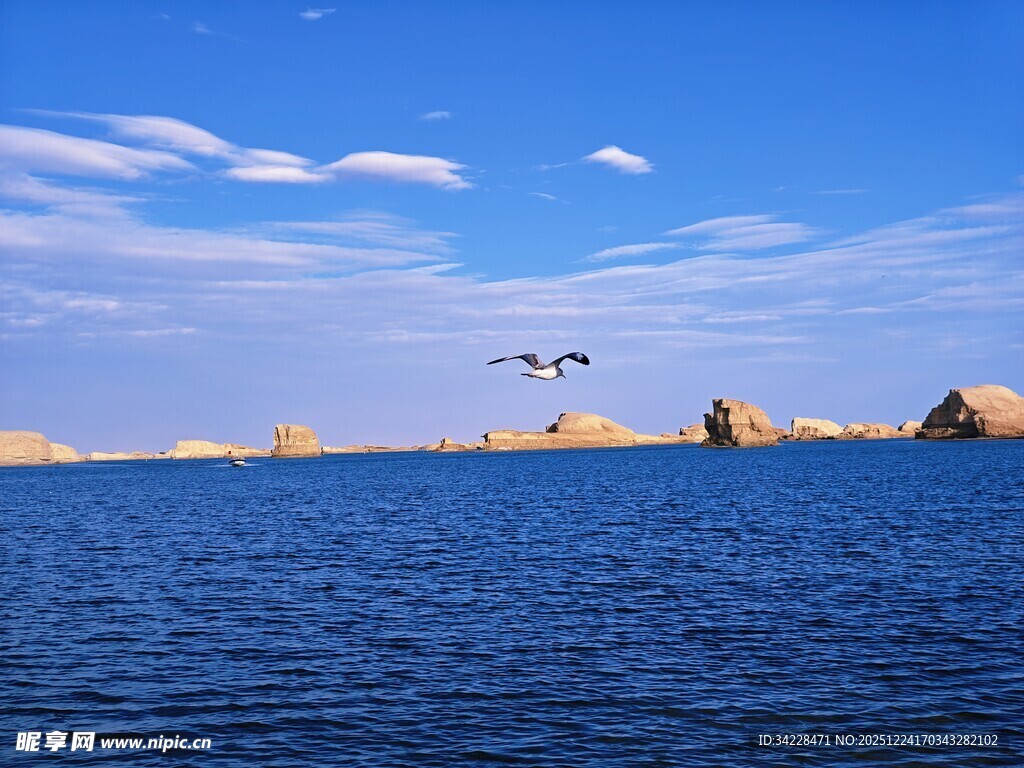 蓝色水域旁的奇特地貌景观