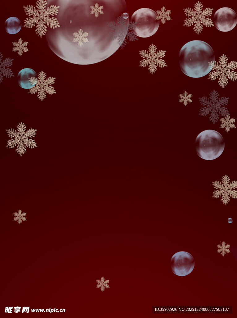 红色背景上的雪花与气泡