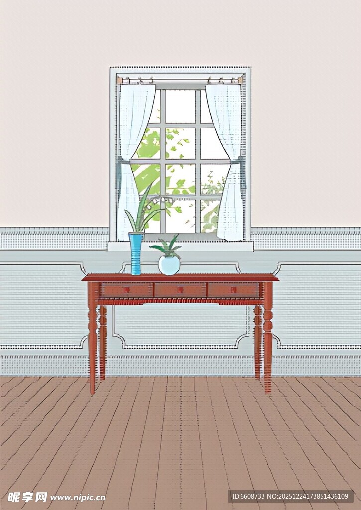 窗边木桌绿植点缀空间