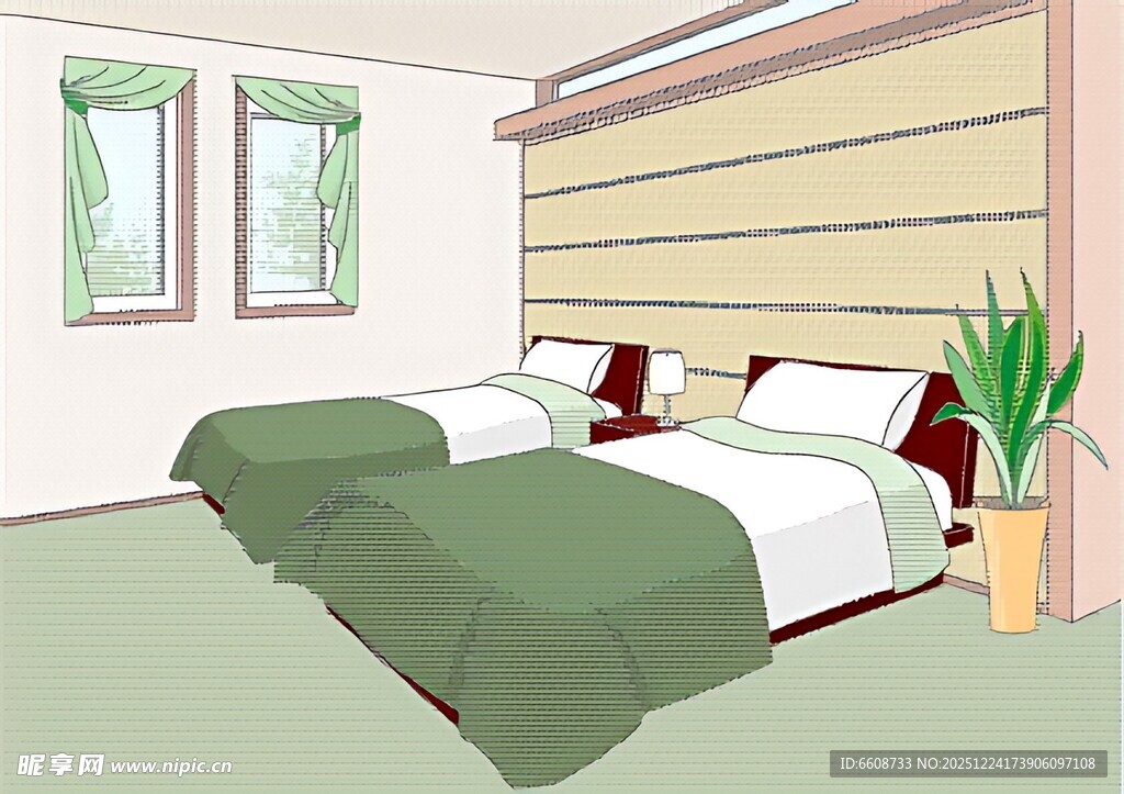 简约双床卧室室内场景