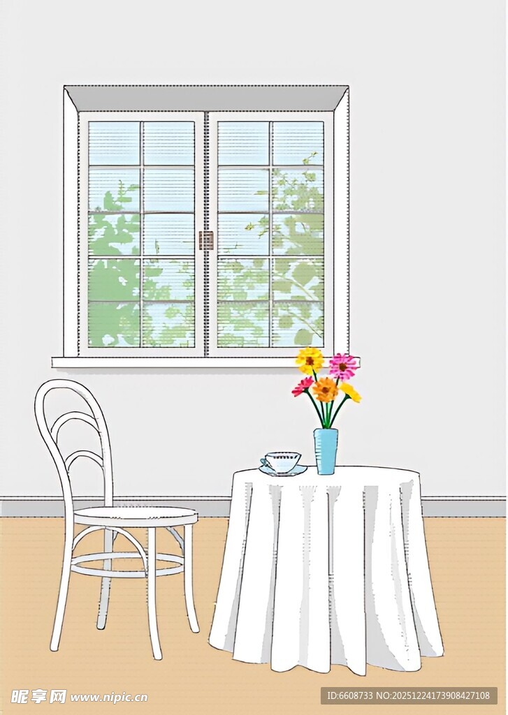 窗边雅致桌椅花卉布置