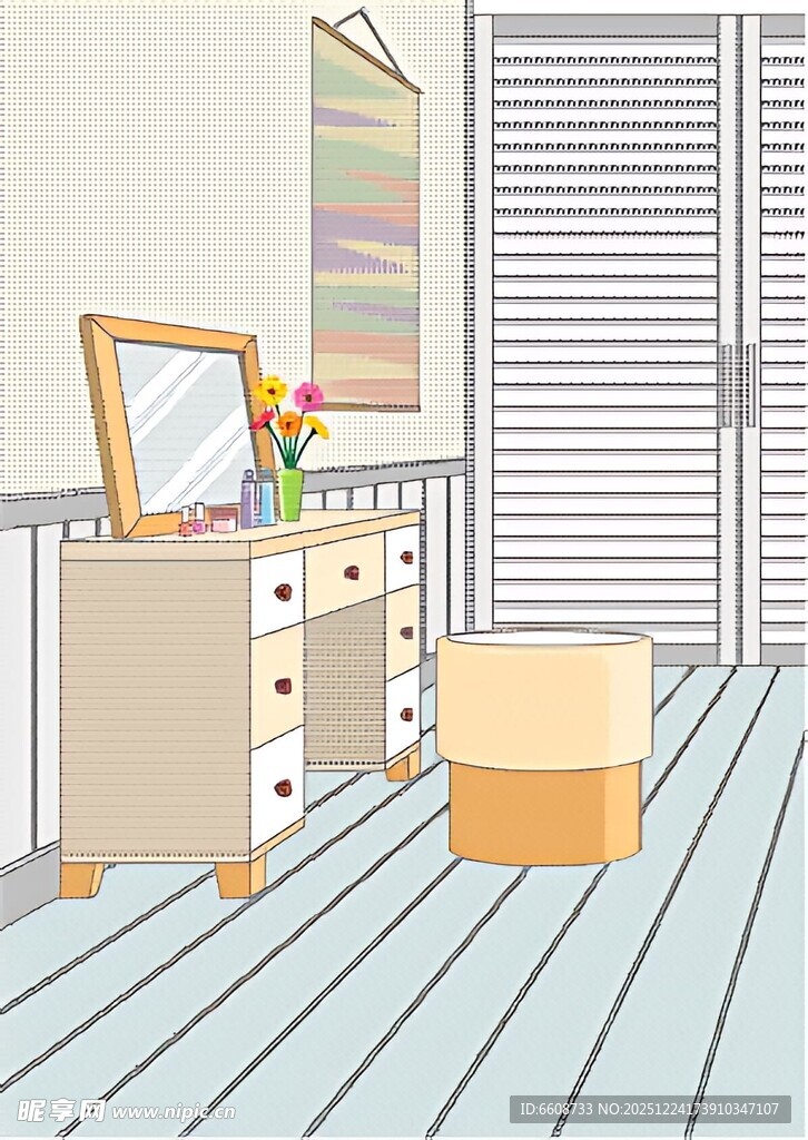 简约卧室梳妆台与小凳