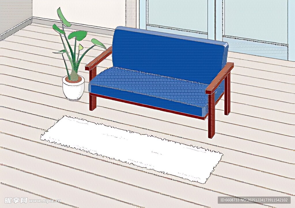 简约蓝色沙发室内场景图