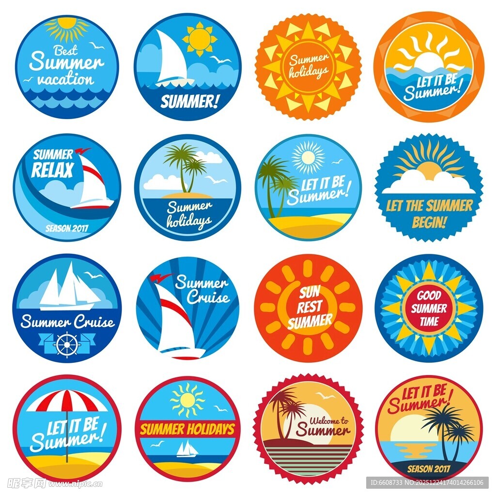 夏日海滩主题圆形图标集合