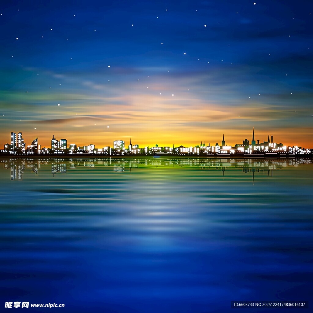 湖畔夜景灯火与星空倒影